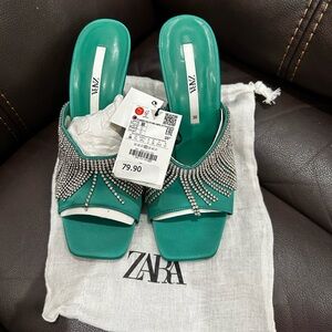 NWT Zara green crystal heels satin size US 7 1/2